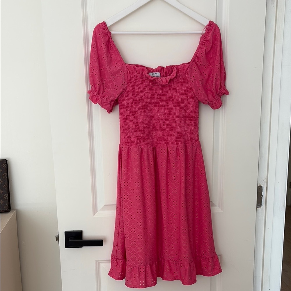 Pink Ruffled Smocked Midi Dress with Puff Sleeves